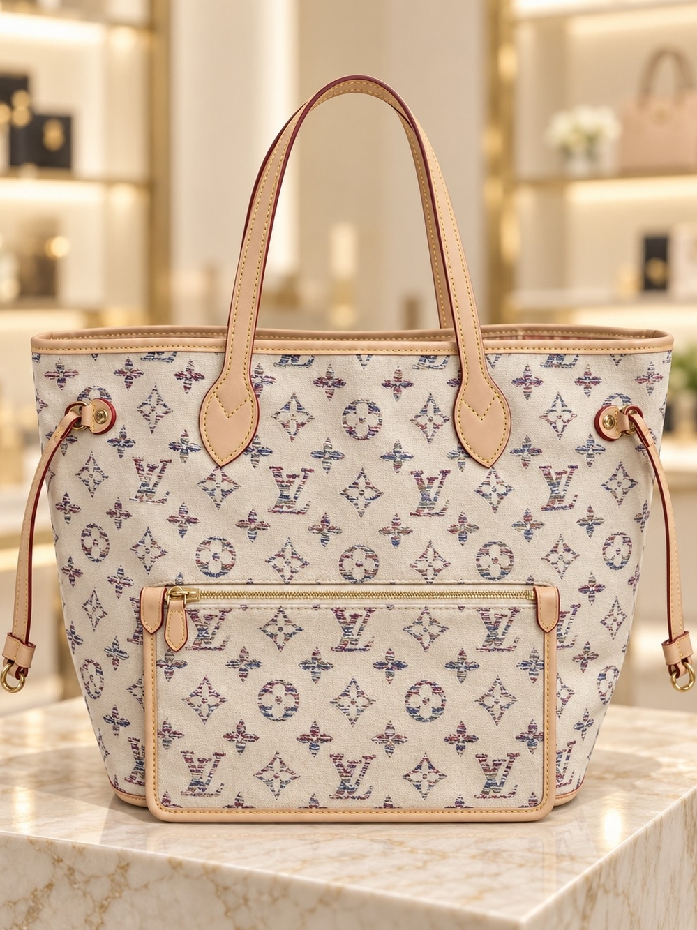 Cream Multicolor Monogram Tote with Leather Trim